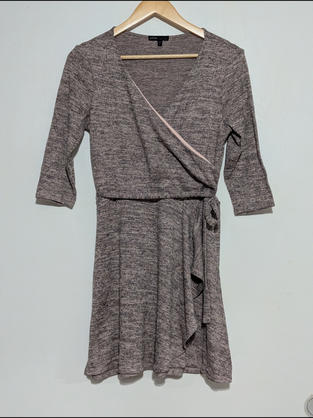 BeBop Heathered Gray Wrap Midi Dress with Subtle Pink Trim